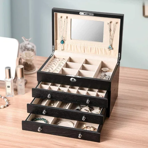 Miniatura 3 de TITISKIN Joyero grande de madera, joyero con espejo, caja de joyería con cerradura de 4 capas, caja de regalo, gabinete de joyería de escritorio