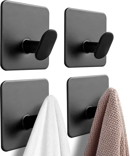 4 ganchos adhesivos – Ganchos de pared para toallas/abrigos, para baño o cocina (negro mate, acero)