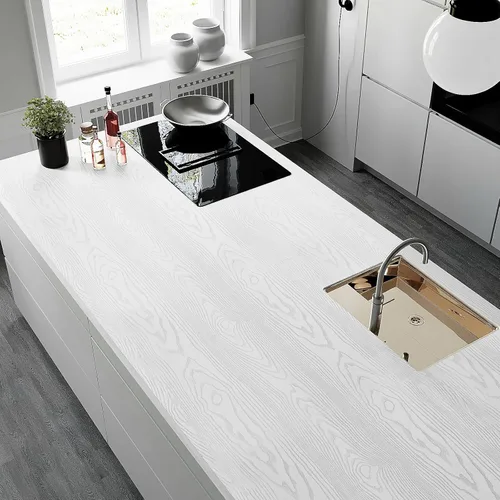 Miniatura 5 de VEELIKE Papel tapiz texturizado de madera blanca de 15.7 x 354 pulgadas y papel de contacto, vinilo de grano de madera plateada para encimeras