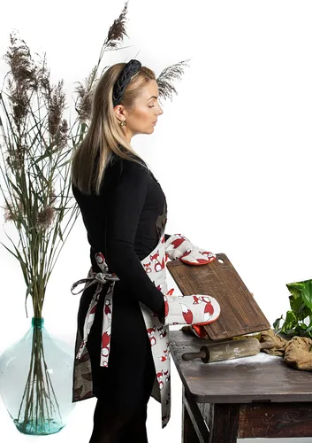 Miniatura 6 de Delantal de cocina de lino con 2 guantes cortos para horno, delantales de cocina con bolsillo frontal para mujeres y hombres con bonito diseño