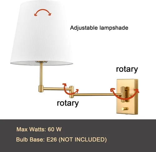 Miniatura 4 de HYDELITE Lámpara de pared dorada con brazo oscilante, apliques de pared de latón con pantalla de lino, accesorios de pared enchufables o cableados