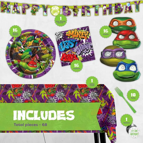 Miniatura 2 de Suministros de fiesta de cumpleaños de Teenage Mutant Ninja Turtle Sirve para 16 invitados Licencia oficial Película TMNT Mutant Mayhem