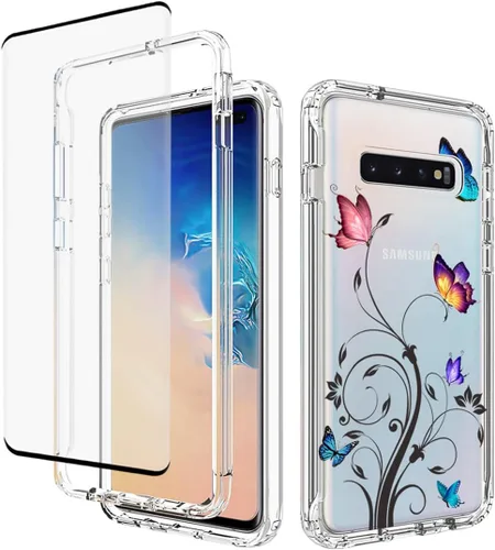 Miniatura 8 de Funda para Galaxy S10+ Plus, SM-G975U con protector de pantalla de vidrio templado, carcasa rígida de protección de diseño floral de cuerpo completo