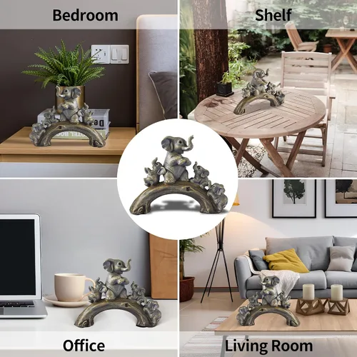 Miniatura 7 de Lindas estatuas de elefante amarillo para decoración del hogar, el elefante de la buena suerte y sus tres hijos están jugando en un puente