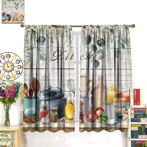 Miniatura 3 de Cortinas de cocina estilo retro, 2 paneles con bolsillo para cortinero, decoración de dormitorio, cocina, cafetería, 42 pulgadas de ancho x 45