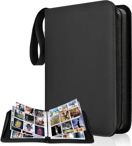 Miniatura 7 de Carpeta de tarjetas coleccionables de 4 bolsillos, 400 bolsillos para tarjetas de Pokémon con cremallera, 50 fundas compatible con tarjetas Negro