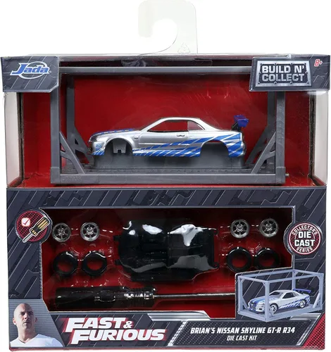 Miniatura 4 de Jada Toys Fast & Furious 1:55 Brian's 2002 Nissan GT-R R34 Build N' Collect Kit de modelo fundido a presión, juguetes para niños y adultos