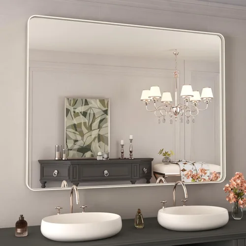 Miniatura 103 de WEER - Espejo de baño dorado, espejo de 40x32 pulgadas con marco de metal dorado cepillado, espejo de tocador de baño de oro para pared