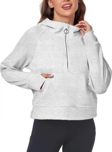 Miniatura 2 de FKEEP Womens Half Zip Hoodies Quarter Zipper Up Cropped Sweatshirt Long Sleeve Athletic Pullover Tops with Thumb Hole