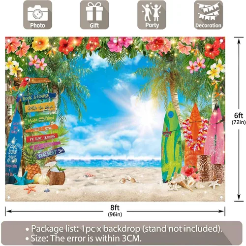 Miniatura 3 de Fondo de fotografía de playa hawaiana de verano de 8 x 6 pies, flores tropicales, hojas de palma, fondo de tabla de surf para Luau Aloha decoración