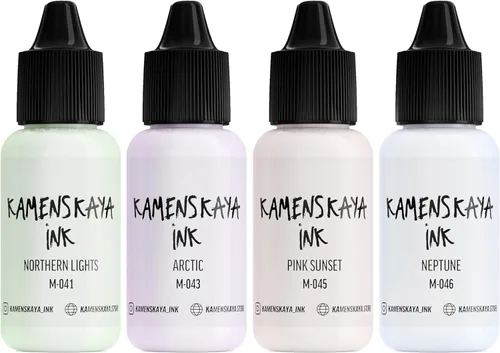 Miniatura 17 de Juego de tinta de alcohol Kamenskaya #10: Combinación de colores combinados de tintas de alcohol, 4 piezas. 0.51 fl oz (15 ml) cada una