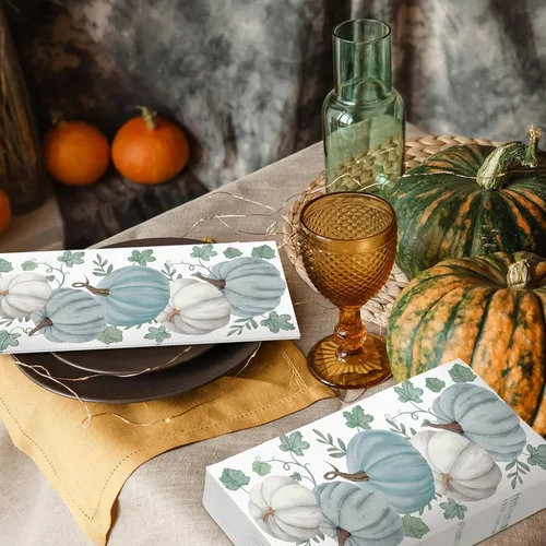 Miniatura 2 de Geyoga 200 servilletas decorativas de papel desechables para invitados de otoño, Día de Acción de Gracias, calabazas azules y blancas, servilletas