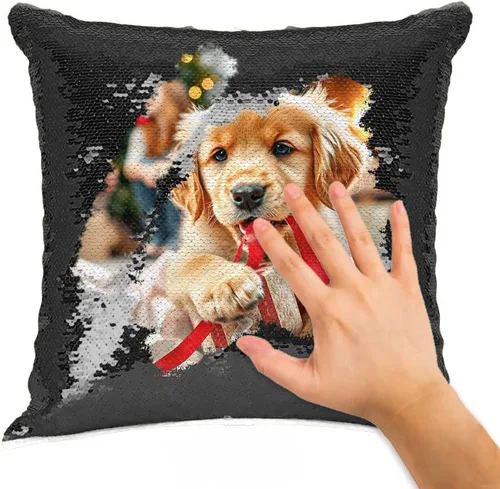 Miniatura 6 de Funda de almohada con lentejuelas para fotos/texto, imagen oculta, regalo personalizado único para amigos, familia, mascotas, lentejuelas negras