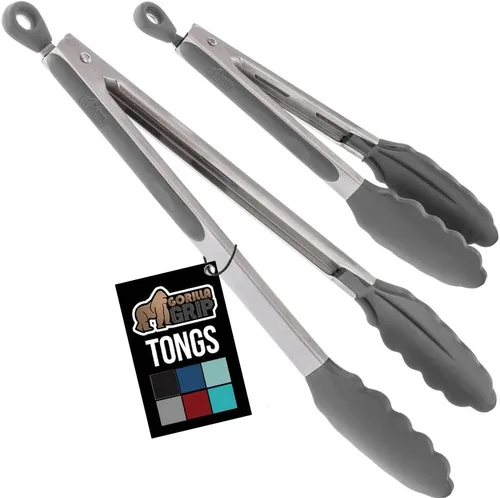 Miniatura 11 de GORILLA GRIP Pinzas de cocina de acero inoxidable resistentes al calor para cocinar, 9 + 12 pulgadas, juego de 2 pinzas para barbacoa, punta