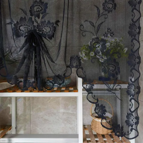 Miniatura 9 de Cenefa de cortina de encaje transparente con bordado floral negro, estilo princesa, estilo princesa, cenefa de cortina bordada en cascada