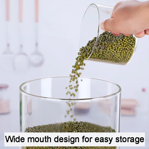 Miniatura 2 de Dispensador de arroz de vidrio con soporte de madera, tarros dispensadores de cereales para el hogar, harina de cocina, grano de azúcar, juego