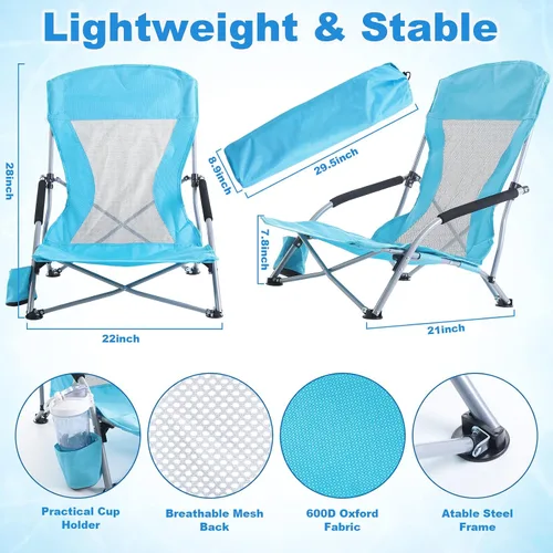 Miniatura 2 de Huwena Paquete de 2 sillas de playa con paraguas para adultos, juego de sillas plegables bajas, paraguas desmontable ajustable, ligero portátil
