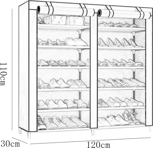 Miniatura 3 de Zapatero de 2 filas de metal, cubierta de tela multicapa a prueba de polvo, organizador de almacenamiento para dormitorio, sala de estar, puerta