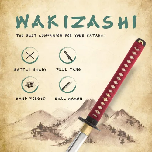 Miniatura 2 de HMS Espada samurai wakizashi japonesa, Oda Nobunaga Tsuba, forjada a mano, acero al carbono 1045, templado con calor, espiga completa, afilada oda