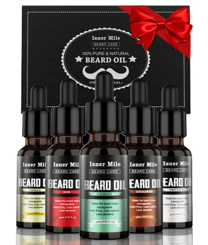 ISNER MILE Kit de aceite para barba: regalos para hombres, papá, novio, acondicionador de bigotes, suaviza, fuerza con sándalo, ron de laurel,