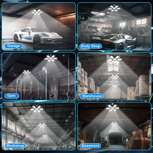Miniatura 6 de Paquete de 2 Luces de Garaje, 200W 20000LM 6500K Luces LED de Taller, Luces LED de Techo de Garaje con 6+1 Paneles Ajustables para Sótano, Granero