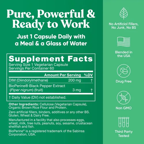 Miniatura 7 de Suplemento DIM puro de 200 mg – fatiga energética y alivio del estrés, equilibrio de estrógenos, menopausia y sofocos, apoyo hormonal para mujeres