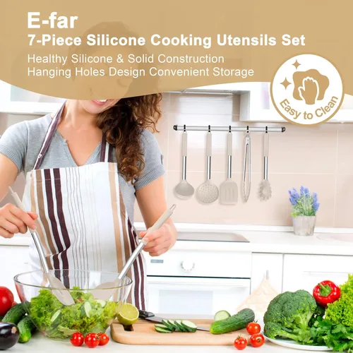 Miniatura 7 de E-far Juego de utensilios de cocina de silicona, 7 piezas de utensilios de cocina resistentes al calor con mango de acero inoxidable, espátula Caqui
