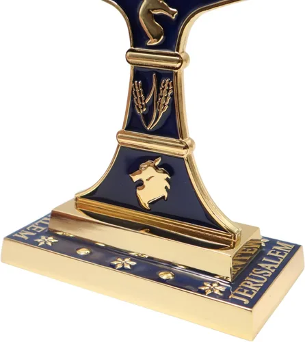 Miniatura 3 de Menorá de Esmalte Azul de Jerusalén de 7 Ramas, 10.8" de alto, con 12 Tribus de Israel, Portavelas (27.4 cm)