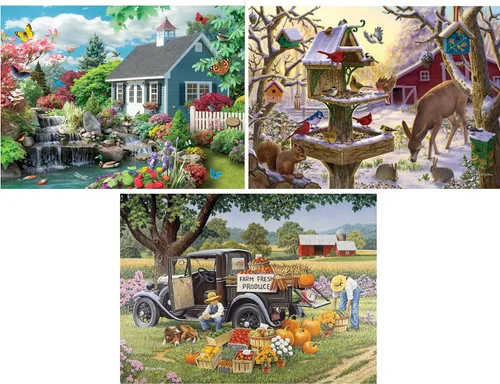 Bits and Pieces – Juego de valor de tres rompecabezas de 50 piezas para adultos – Paisaje de ensueño, Cultivado en Casa, Banquete del amanecer,