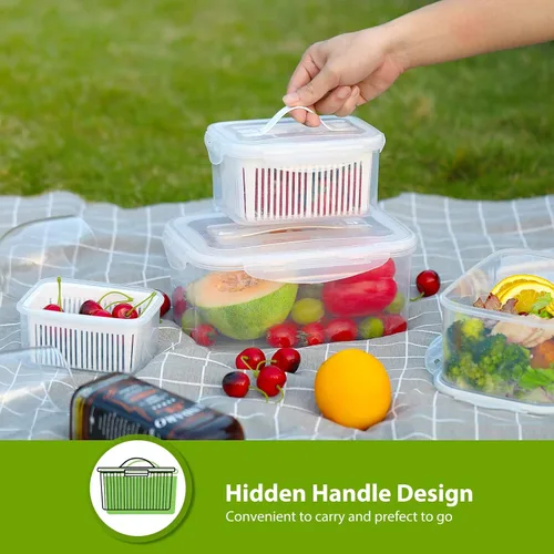 Miniatura 6 de LUXEAR 5 paquetes de contenedores de almacenamiento de frutas y verduras con tapa y colador, color blanco y verde