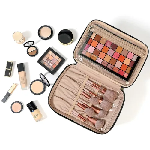 Miniatura 7 de NISHEL Bolsa Grande de Maquillaje de Viaje de Doble Capa para Mujeres, Estuche Cosmético, Organizador para Accesorios de Tamaño de Viaje, Botellas