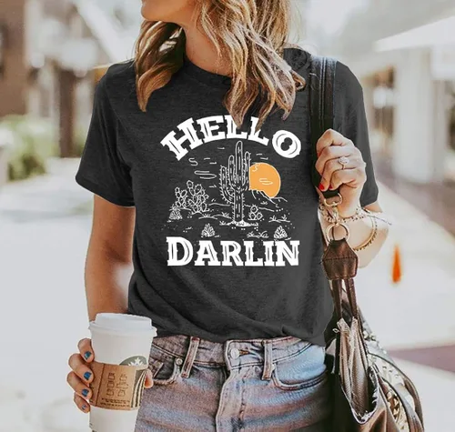 Miniatura 4 de Hello Darlin - Camiseta bonita para mujer diseño de cactus con estampado de amanecer senderismo escalada de montaña divertida camiseta de manga corta