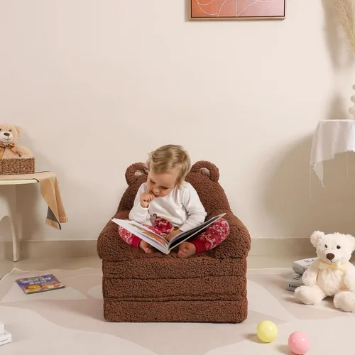 Miniatura 2 de MOMCAYWEX Sofá para niños, sofá Sherpa con cojines de espuma de tres capas, asiento cómodo para niños de 18 meses en adelante, marrón