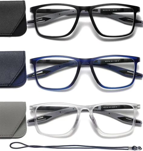 Hubeye TR90 Gafas de lectura deportivas para hombres y mujeres, ultraligeras, flexibles, anti-luz azul (+1.25) (negro mate+transparente mate+azul