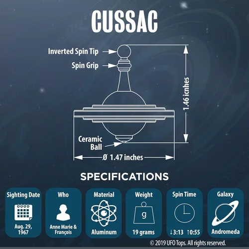 Miniatura 3 de UFO Tops Cussac - Peonza de Juguete Fidget Giratorio de Metal - Inspirado en el Avistamiento de OVNI Documentado de 1967 en Cussac, Francia