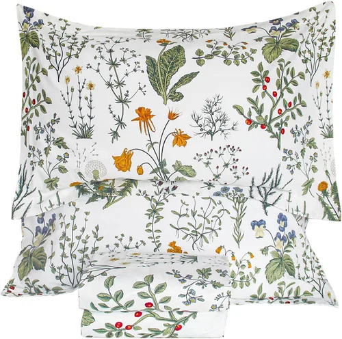 QSH Sábanas 100% Algodón para Cama Tamaño Queen, Patrón Botánico de Plantas con Flores Amarillas, Sábanas de Cama Florales Impresas de Algodón de