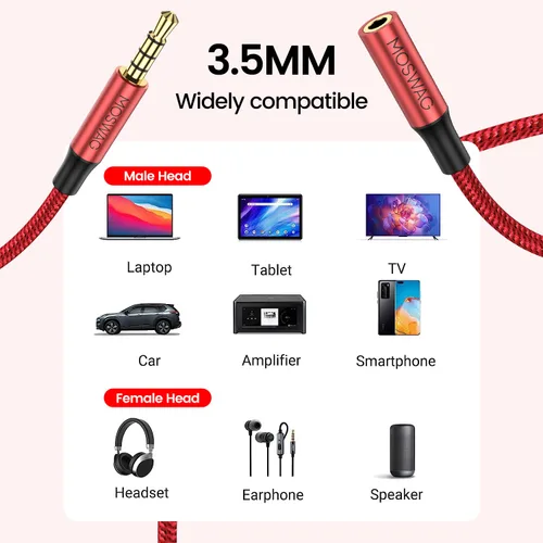 Miniatura 2 de MOSWAG Cable de extensión macho a hembra de 0.138 in con adaptador de audio estéreo de micrófono, nailon trenzado, compatible con estéreo de Rojo