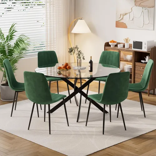 Miniatura 12 de Moderno juego de mesa redonda de vidrio para 4, 36 pulgadas, pequeña base negra de vidrio templado con 4 sillas de comedor minimalistas beige, juego