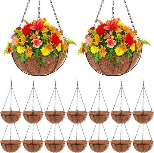 Miniatura 10 de Dandat 1 cesta colgante de metal de 10 pulgadas con forro de fibra de coco, alambre de metal, soporte para plantas, riego al aire libre, macetas