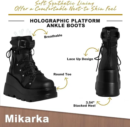Miniatura 3 de mikarka Botas de plataforma holográfica para mujer, con cordones, hebilla con tachuelas, góticas, apiladas, botas de combate