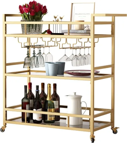 Miniatura 6 de Carritos de barra dorados con estantes de vidrio de 3 niveles, carrito de barra de servicio rodante con estante para vino y soporte para vidrio