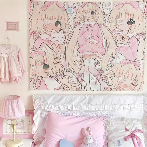 Miniatura 5 de Bonito tapiz colorido de anime, Kawaii japonés divertido diseño de dibujos animados para niñas, tapiz rosa para sala de estar, dormitorio, 11