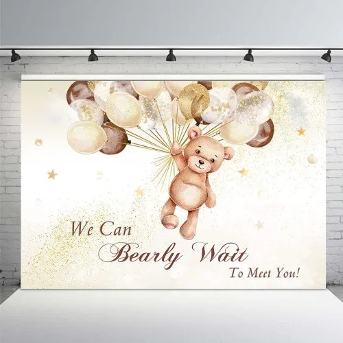 Miniatura 8 de MEHOFOND Telón de fondo de baby shower con texto en inglés "We Can Bearly Wait to Meet You" de 10 x 7 pies, globos azules y marrones, purpurina