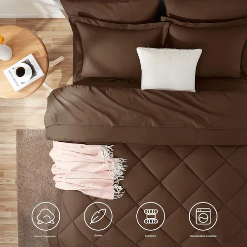 Miniatura 2 de CozyLux Juego de ropa de cama con edredón tamaño King color marrón - Juego de 7 piezas en una bolsa, juego de cama suave de lujo para todas