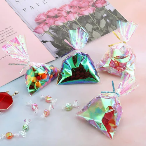 Miniatura 7 de Shappy 120 bolsas de celofán iridiscentes, pequeñas bolsas holográficas con lazos giratorios, envoltura de regalo iridiscente para boda, cumpleaños