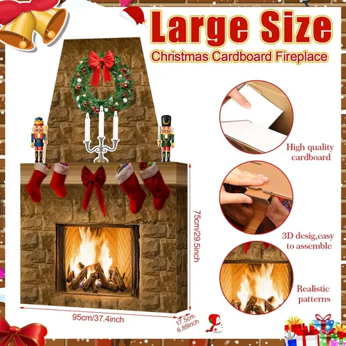 Miniatura 3 de Fullhawl Chimenea de cartón para Navidad, accesorio de chimenea de cartón grande 3D, centro de mesa falso con chimenea sintética para decoración