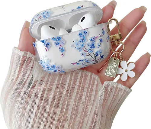 MINSCOSE Funda transparente compatible con AirPods Pro de 2ª/1ª generación, bonito diseño de patrón de flores con llavero floral, funda protectora