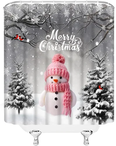 Miniatura 3 de Cortina de ducha de Navidad, muñeco de nieve rosa, rama de árbol, copo de nieve, vacaciones de invierno, paisajes naturales, cortina rústica gris