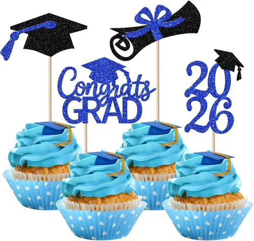Miniatura 36 de Rsstarxi Paquete de 24 adornos para cupcakes de graduación 2026, con purpurina azul, para la clase de 2026, para diplomas, 24 piezas (6 diseños)