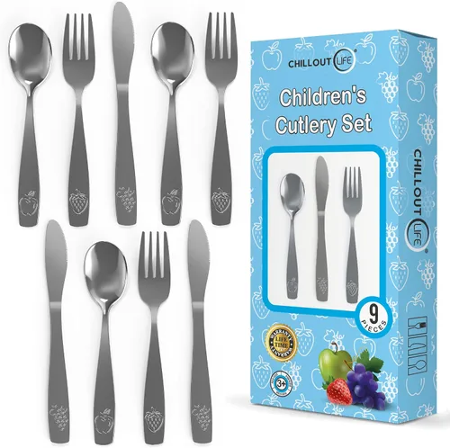 Juego de cubiertos de acero inoxidable de 9 piezas para niños, cubiertos seguros para niños y niños, juego de utensilios para niños, juego de